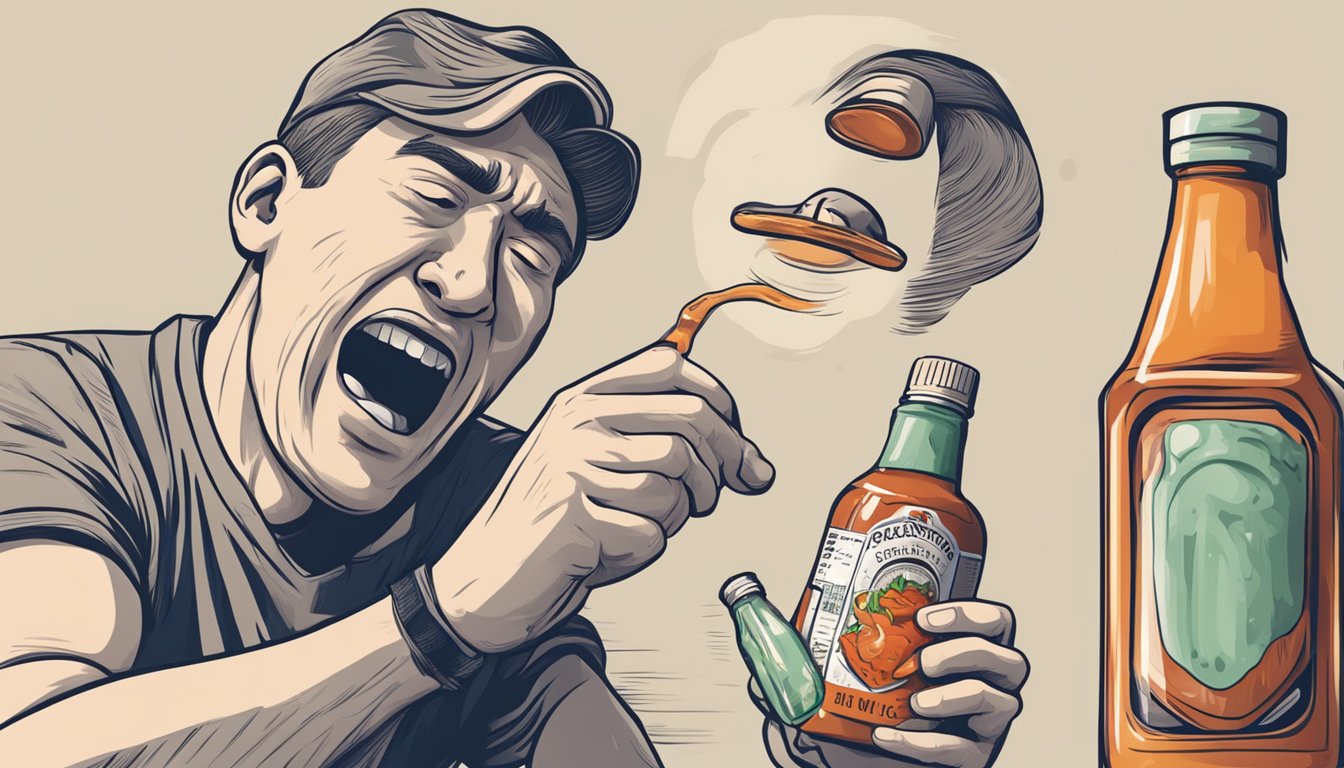 A person grimacing in pain while holding a bottle of hot sauce near a cramping muscle