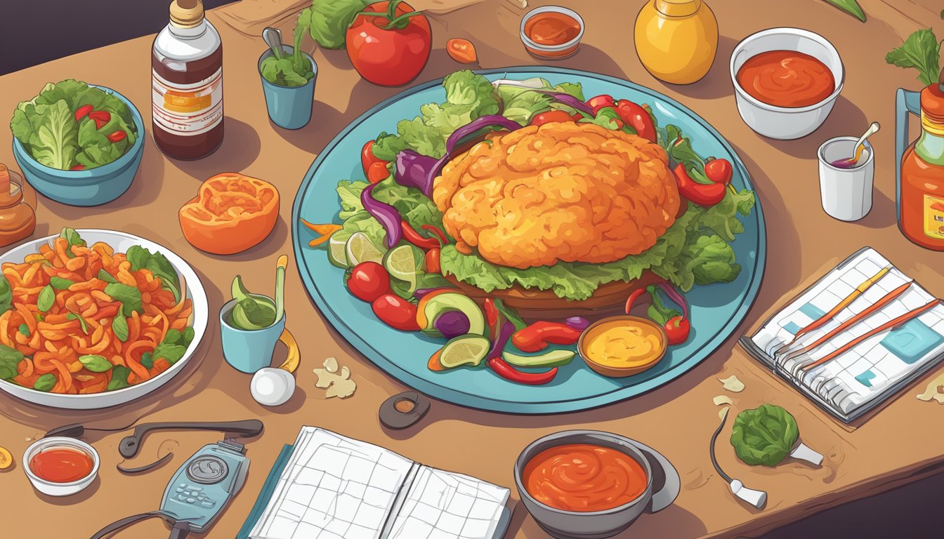 A table with hot sauce, spicy food, and brain-shaped puzzle, surrounded by exercise equipment and a healthy meal