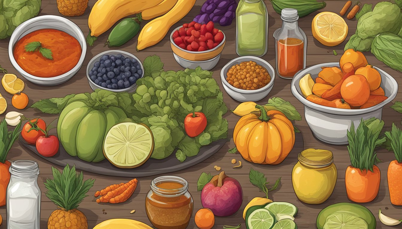 A table with a variety of colorful fruits, vegetables, and spices arranged neatly, with a bottle of hot sauce placed prominently in the center