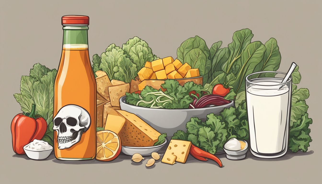 A bottle of hot sauce surrounded by various foods rich in calcium and vitamin D, such as milk, cheese, and leafy greens, with a skeleton in the background