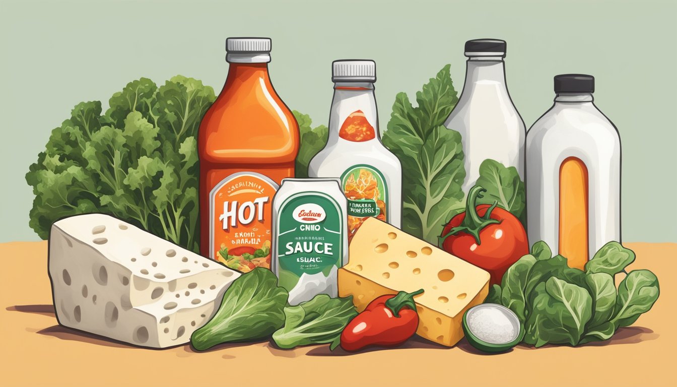 A bottle of hot sauce surrounded by calcium-rich foods like milk, cheese, and leafy greens, with a bone structure in the background