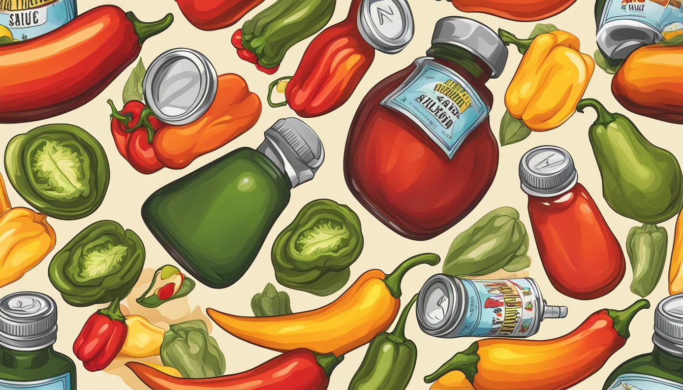 A bottle of hot sauce surrounded by vibrant, colorful peppers and a magnifying glass examining a healthy skin cell