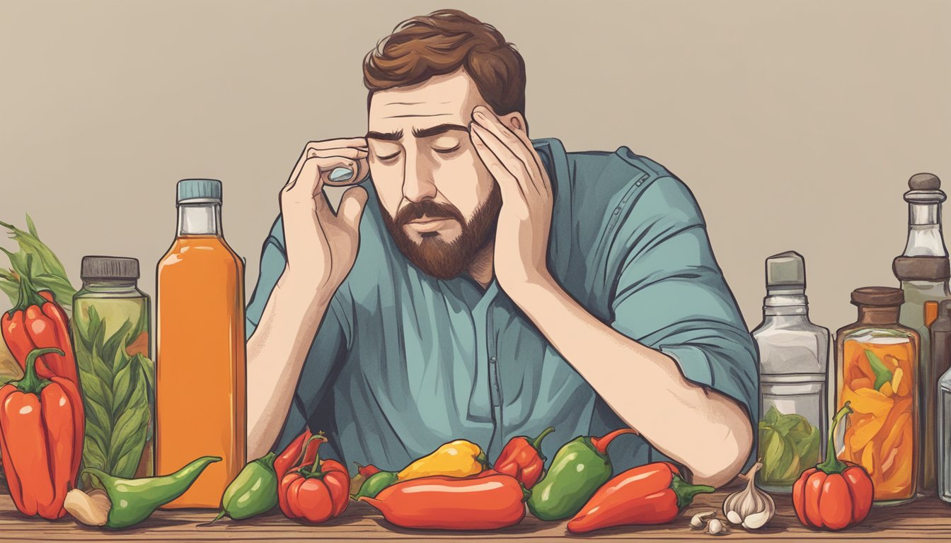 A bottle of hot sauce surrounded by chili peppers, garlic, and vinegar. A person clutching their head in pain