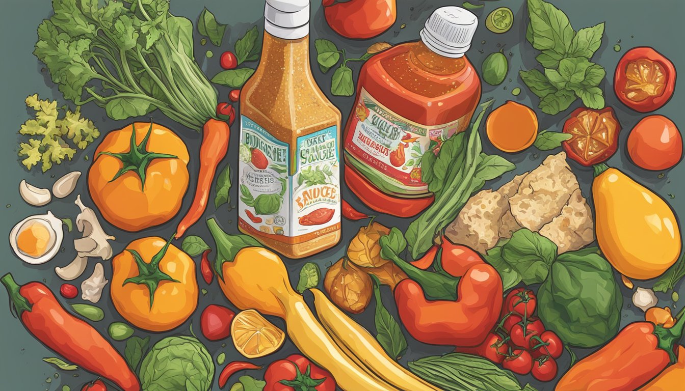 A bottle of hot sauce surrounded by vibrant, nutrient-rich foods, and a healthy bone structure in the background