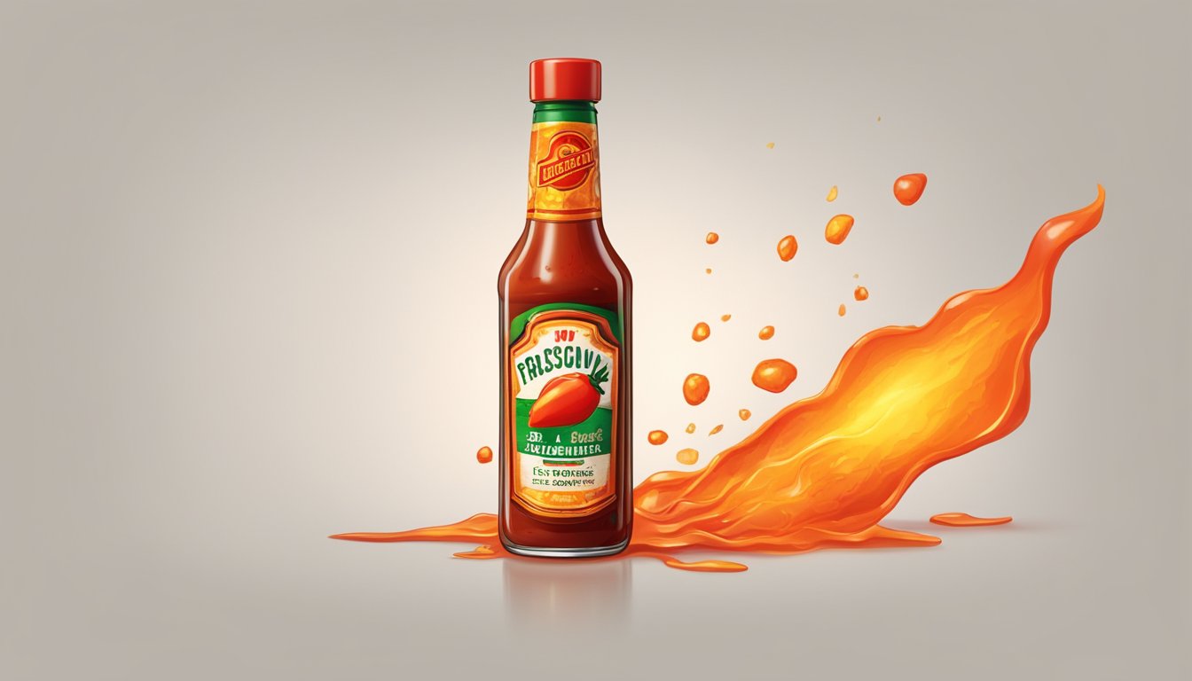 A bottle of hot sauce drips onto a cracked and blistered surface, emitting a fiery red glow