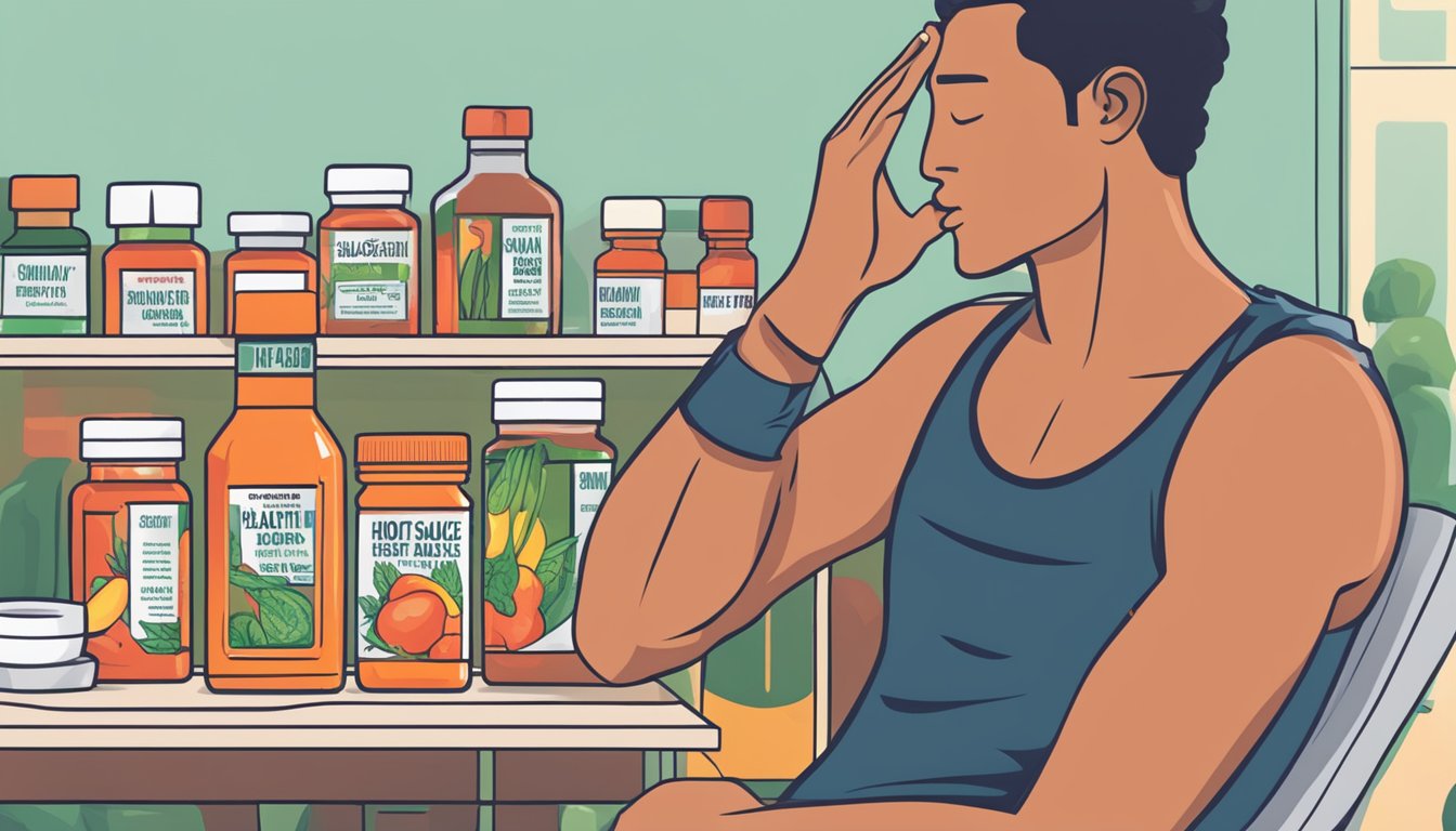 A bottle of hot sauce next to a bottle of digestive health supplements, with a person holding their head in pain