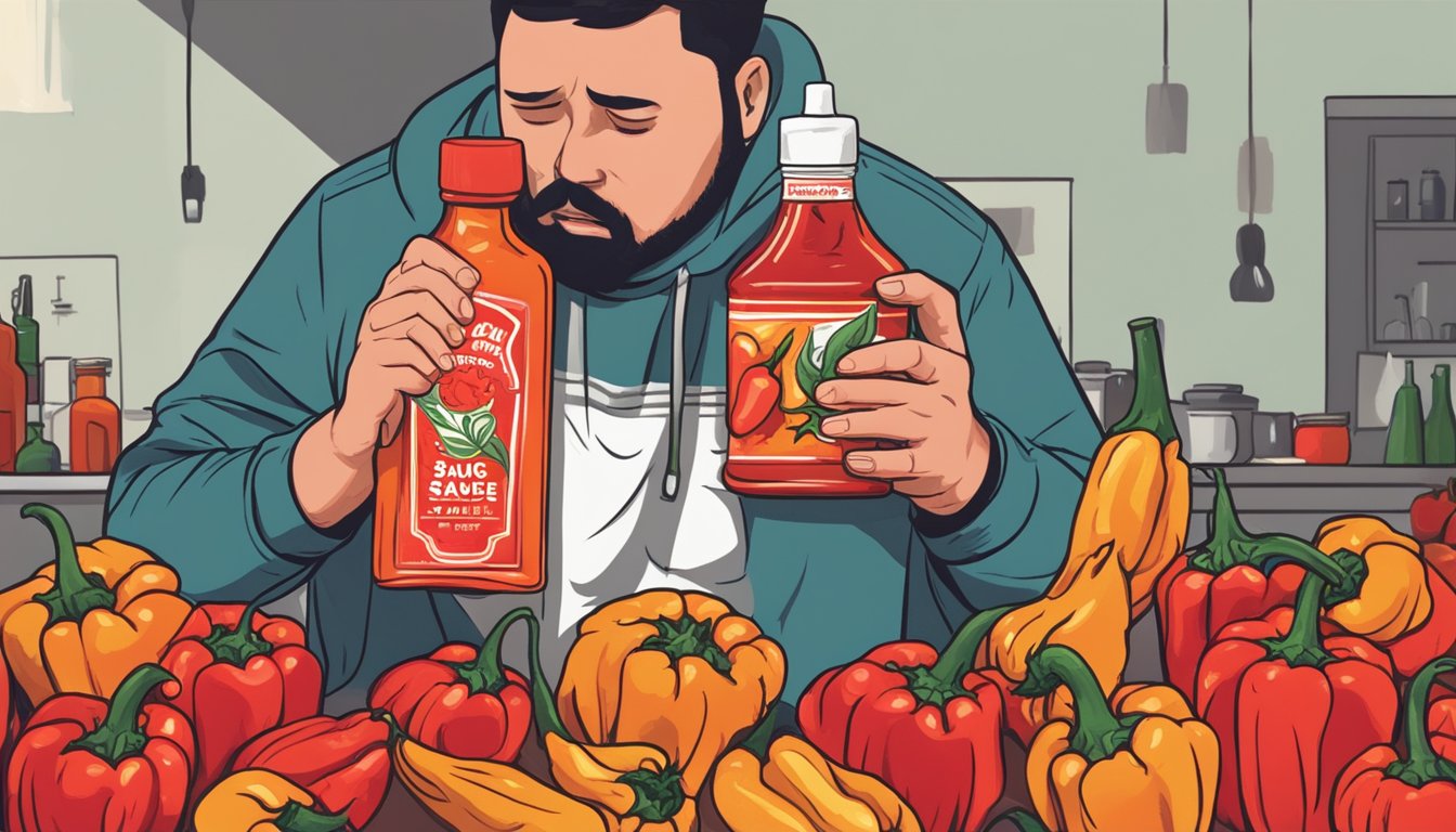 A bottle of hot sauce surrounded by fiery red peppers and a person clutching their head in pain