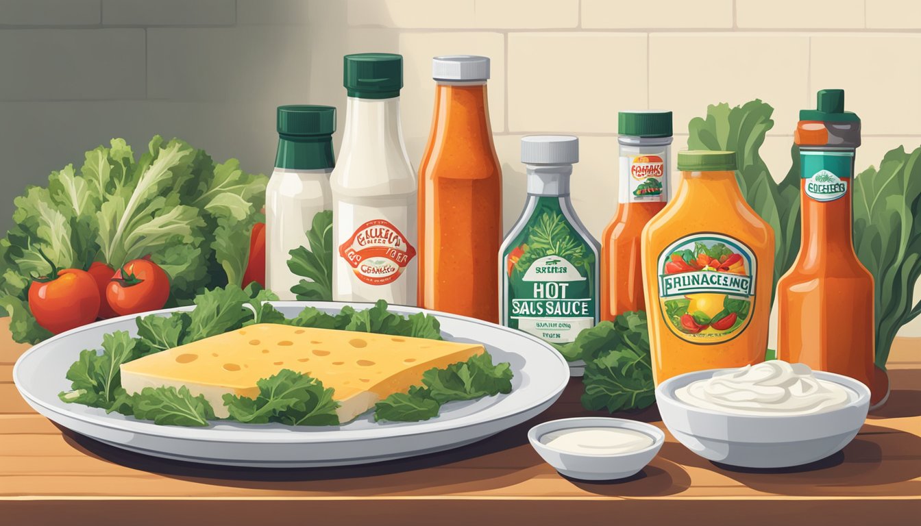 A variety of hot sauce bottles displayed next to a plate of calcium-rich foods like cheese, yogurt, and leafy greens