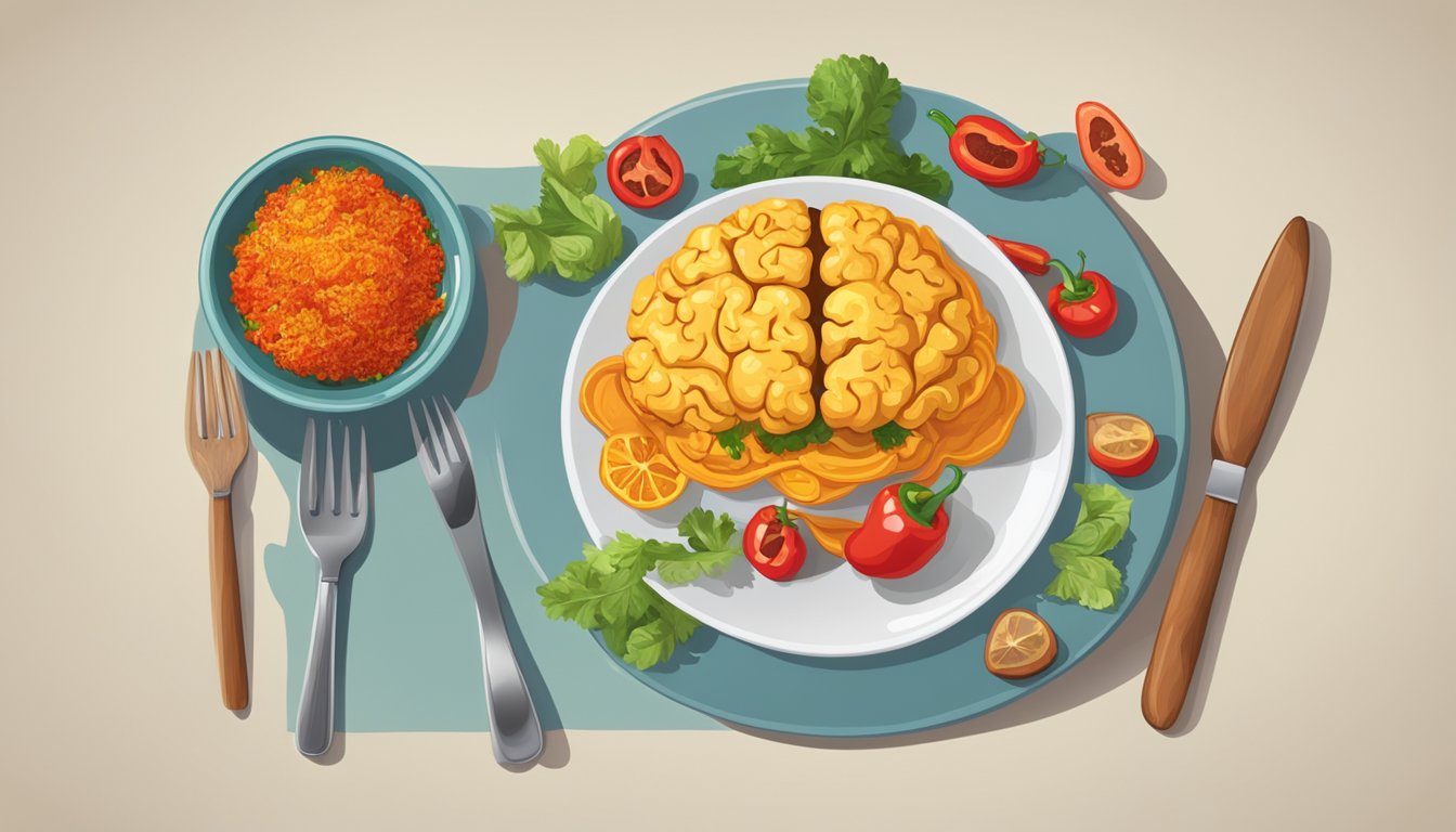 A table with a plate of spicy food and a brain-shaped puzzle