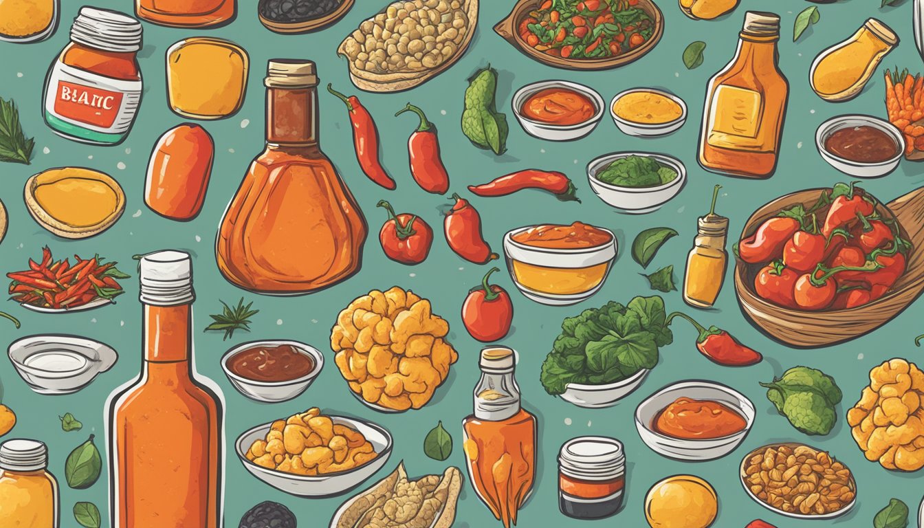 A bottle of hot sauce surrounded by various spicy foods, with a thought bubble showing a brain to represent memory