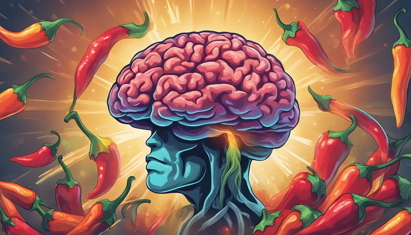 A brain surrounded by hot chili peppers, with a glowing connection between them