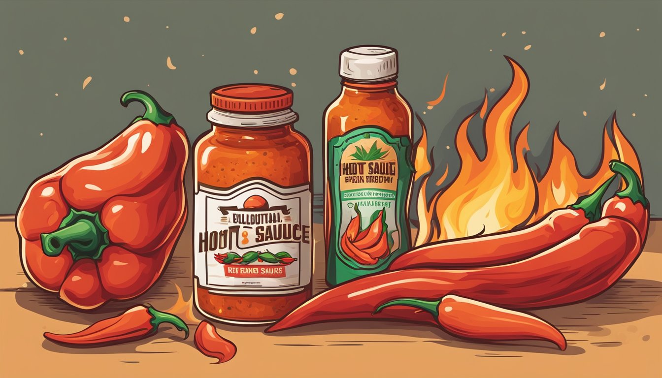 A bottle of hot sauce surrounded by drooping chili peppers and a tired-looking flame illustration