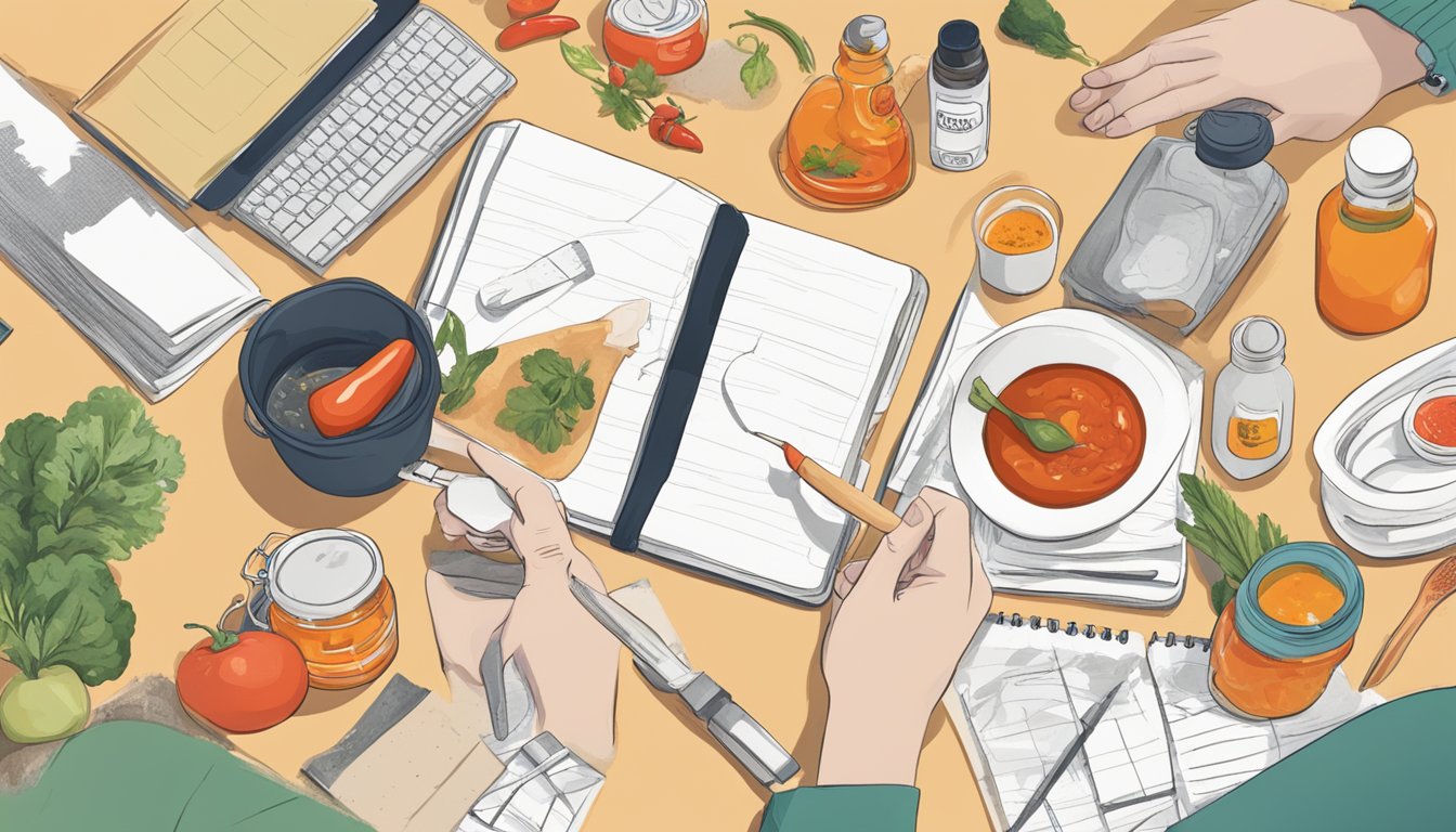 A person adding hot sauce to food while surrounded by memory-related items like a notebook and photos