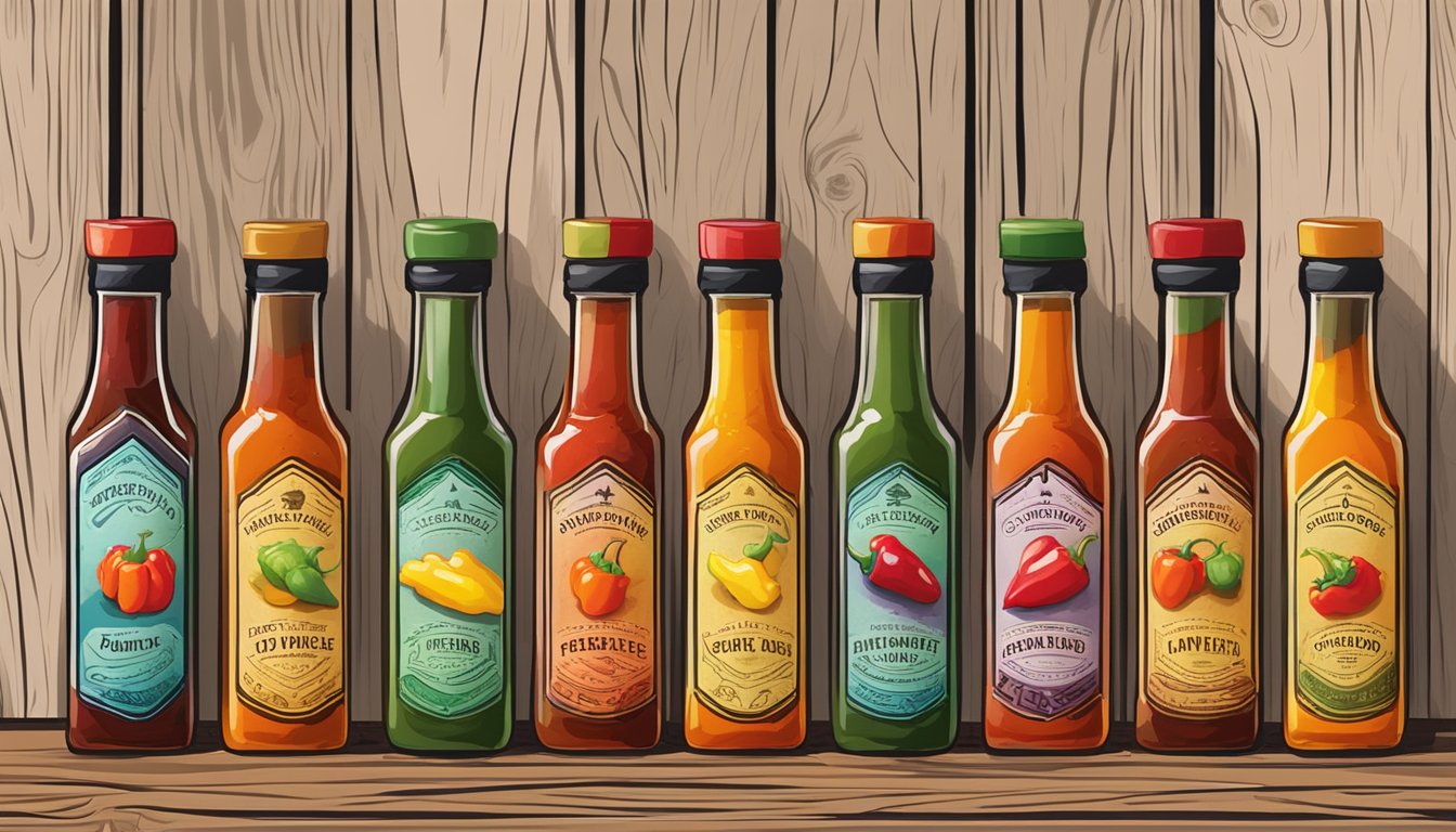 A colorful array of hot sauce bottles lined up on a rustic wooden table, surrounded by vibrant peppers and herbs