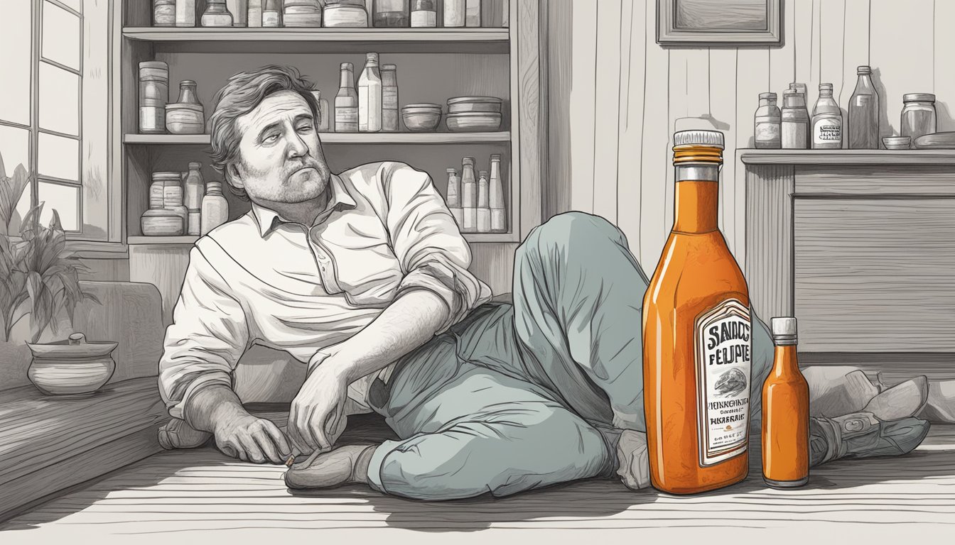 A bottle of hot sauce precariously placed near a drowsy, weary figure