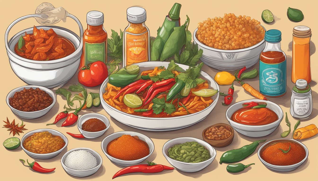 A table with a variety of spicy foods, including hot sauce, surrounded by fertility symbols and positive pregnancy tests