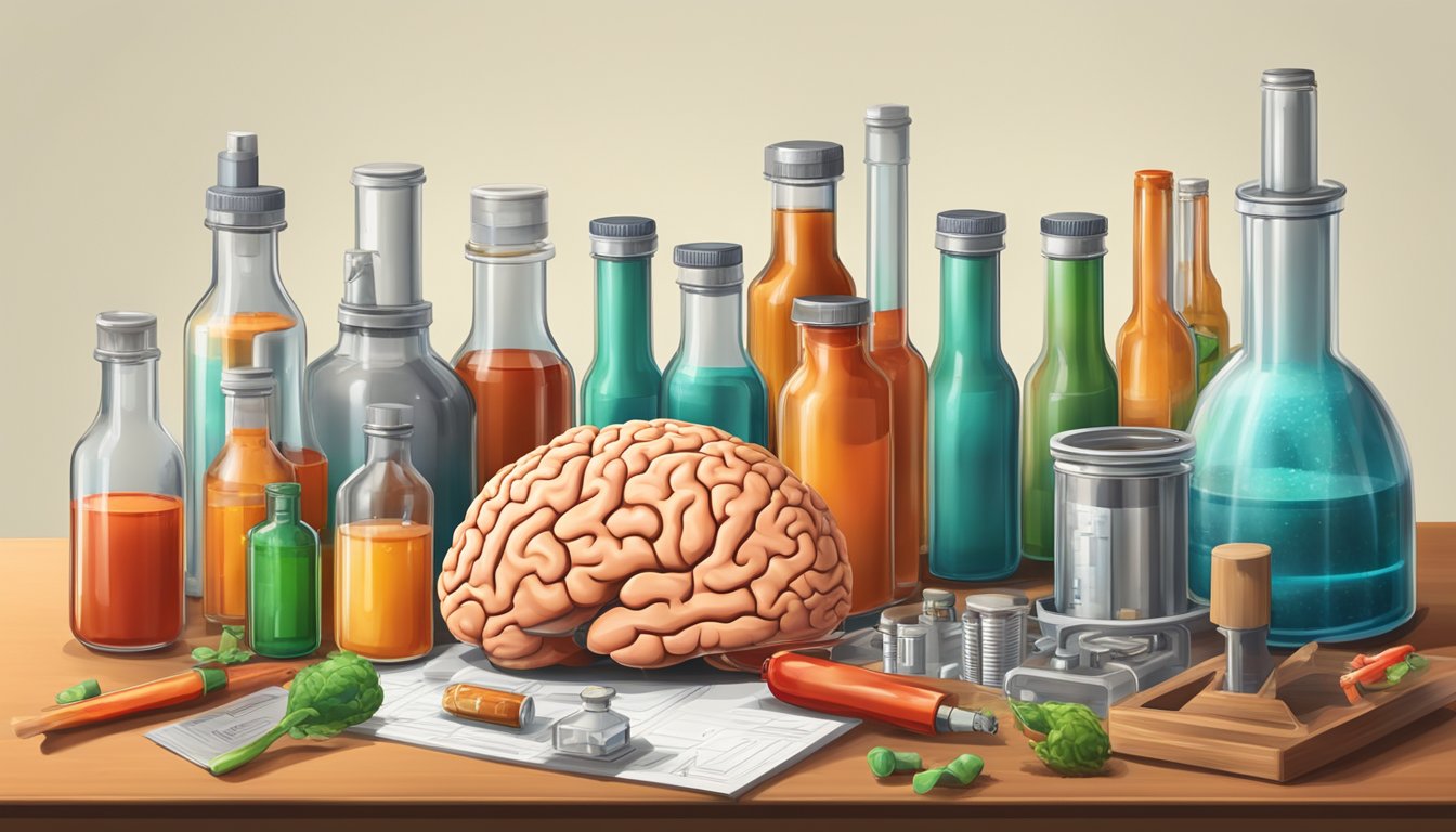 A laboratory table with test tubes, a brain model, and bottles of hot sauce, surrounded by scientific equipment