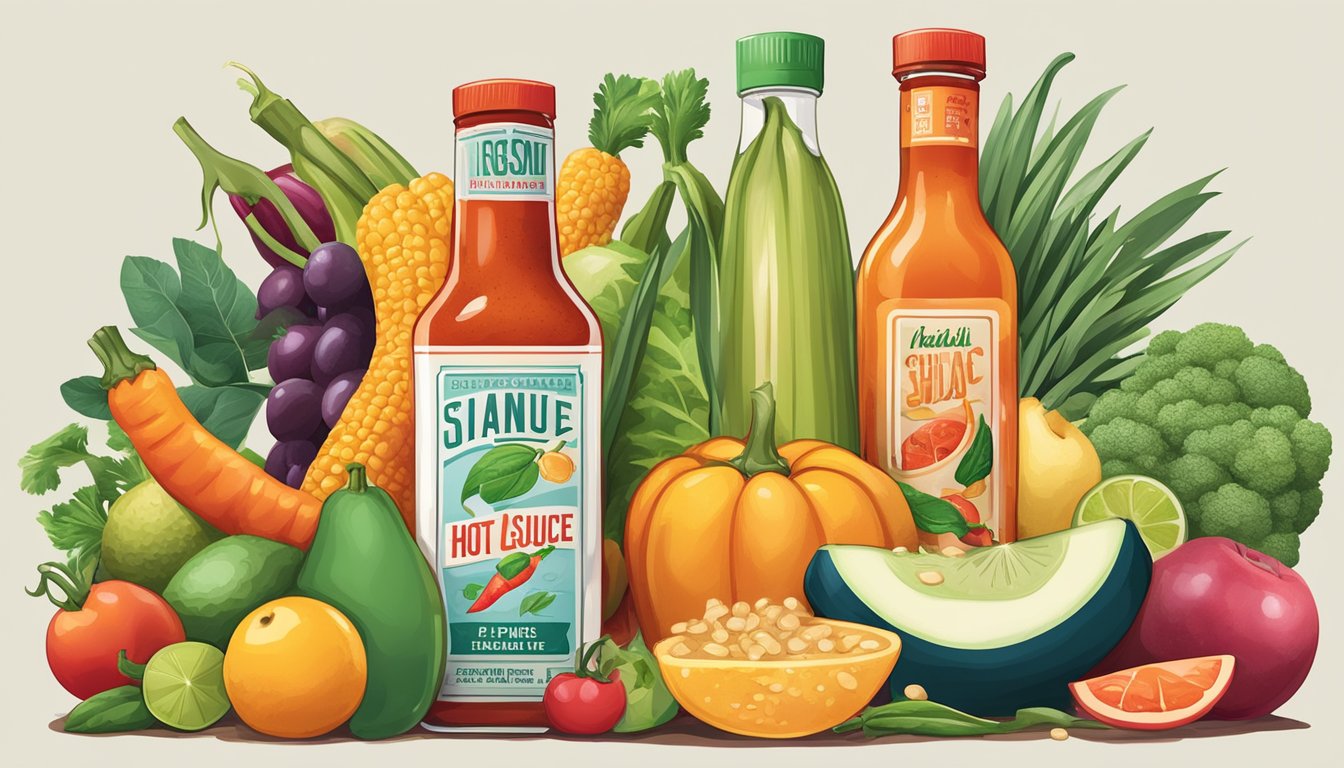 A bottle of hot sauce surrounded by healthy lifestyle items like fruits, vegetables, and exercise equipment