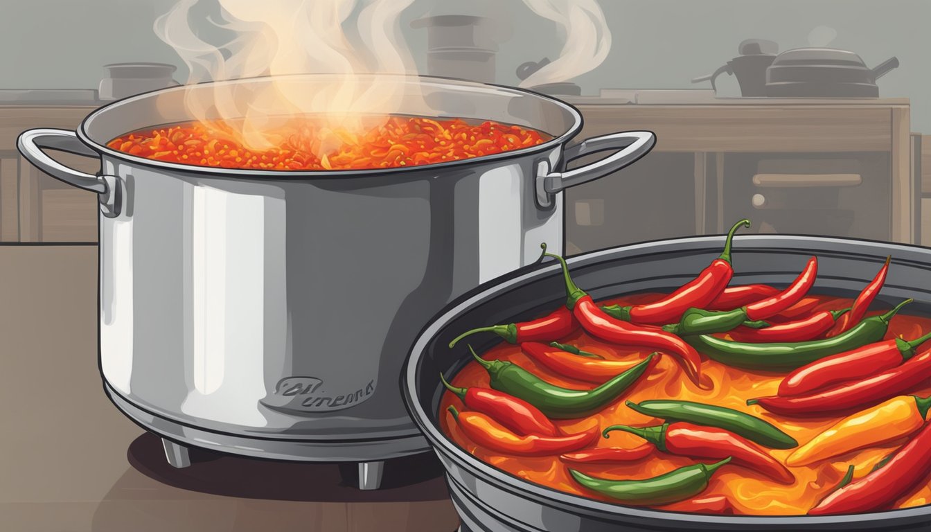 A steaming pot of chili peppers simmers over an open flame, filling the air with a pungent, spicy aroma. A chef adds a dash of hot sauce, intensifying the flavors