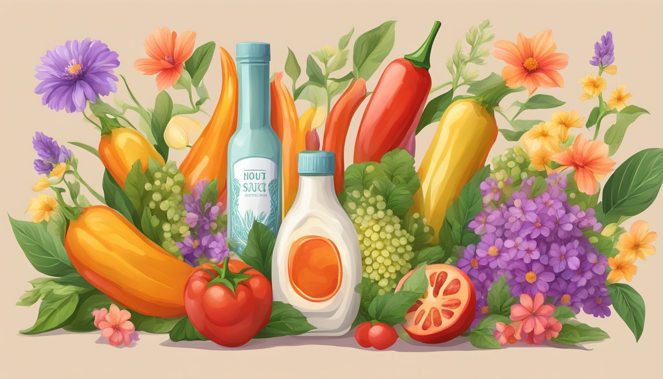 A bottle of hot sauce surrounded by blooming flowers and ripe fruits