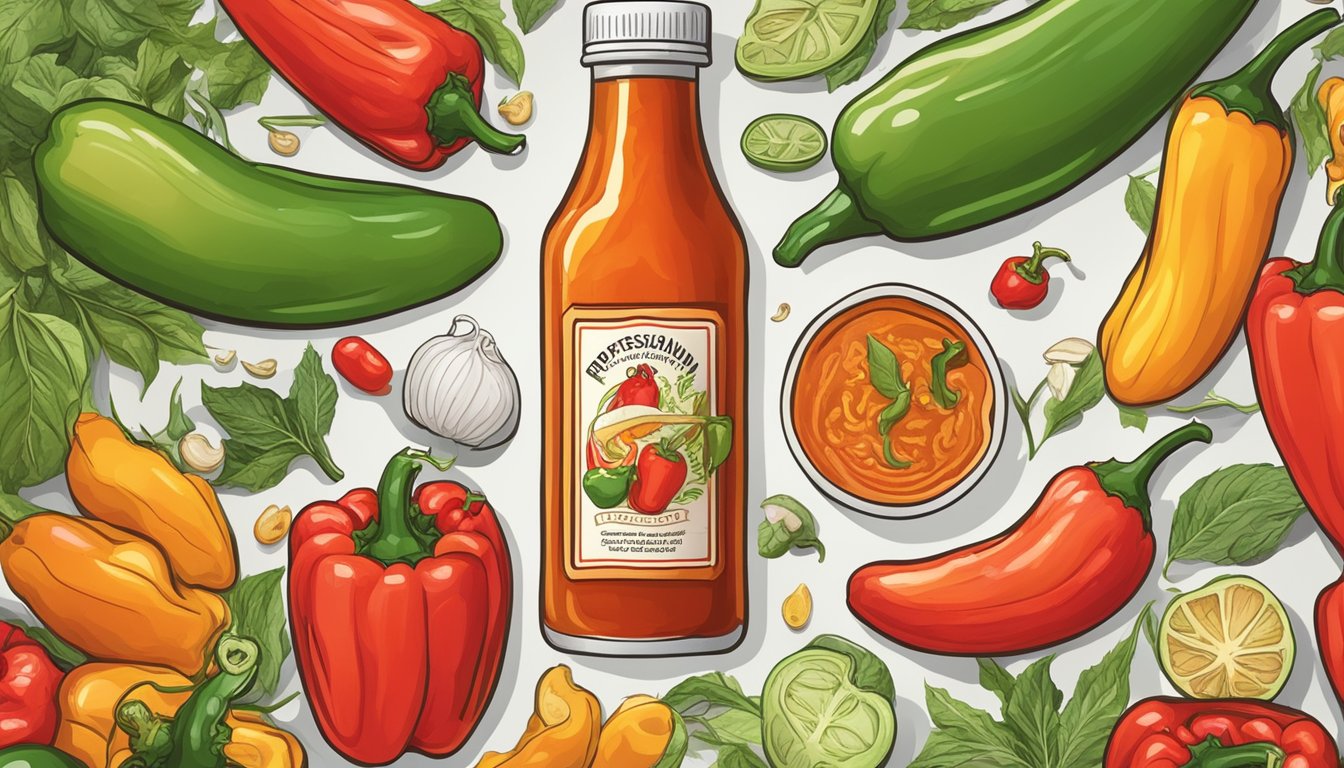 A bottle of hot sauce surrounded by peppers and ingredients, with a digestive system in the background