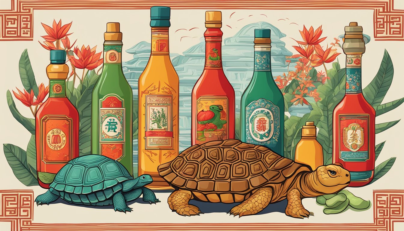 A bottle of hot sauce surrounded by symbols of longevity, such as a tortoise, bamboo, and a red lantern