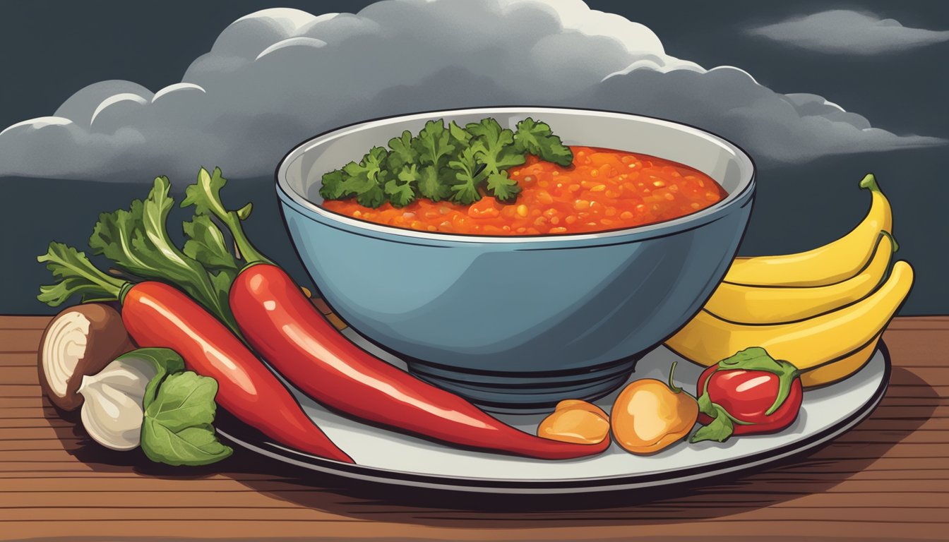 A bowl of spicy hot sauce sits next to a plate of healthy foods, while a stormy cloud looms overhead, representing the link between diet and mood