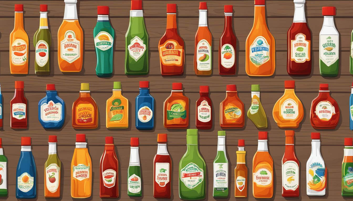 A variety of hot sauce bottles arranged on a wooden table, with different colors, shapes, and sizes