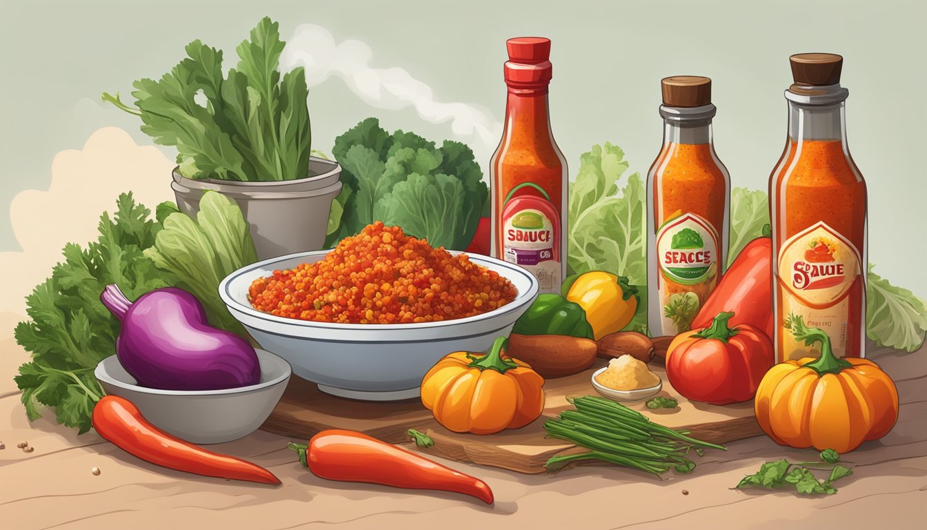 A bottle of hot sauce sits next to a plate of food, surrounded by colorful vegetables and spices. The steam rises from the dish, creating a warm and inviting atmosphere