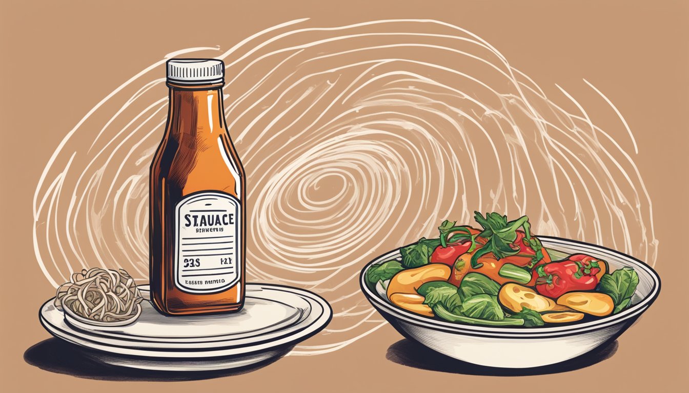 A bottle of hot sauce next to a plate of food. Stomach with swirling lines to indicate discomfort, and a bottle of antacid nearby