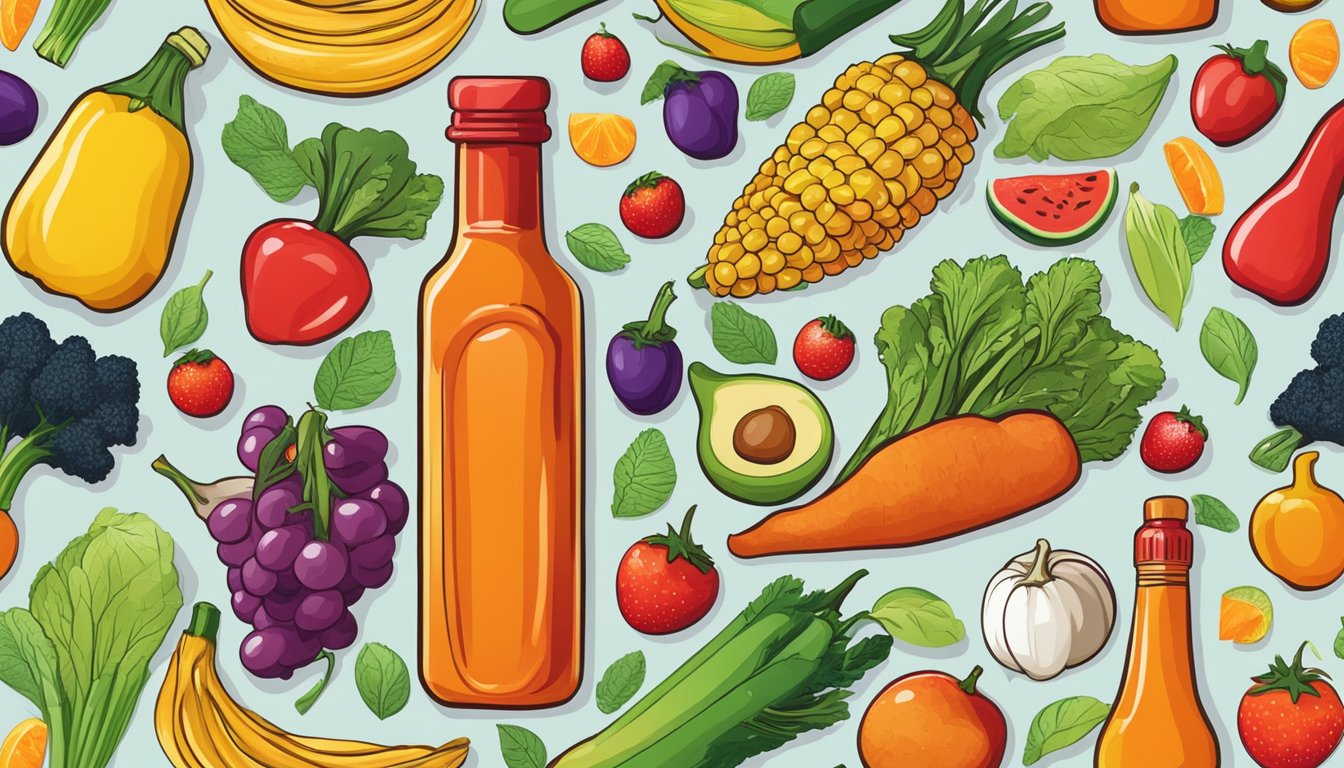 A bottle of hot sauce surrounded by an array of colorful fruits and vegetables, symbolizing the link between dietary habits and longevity