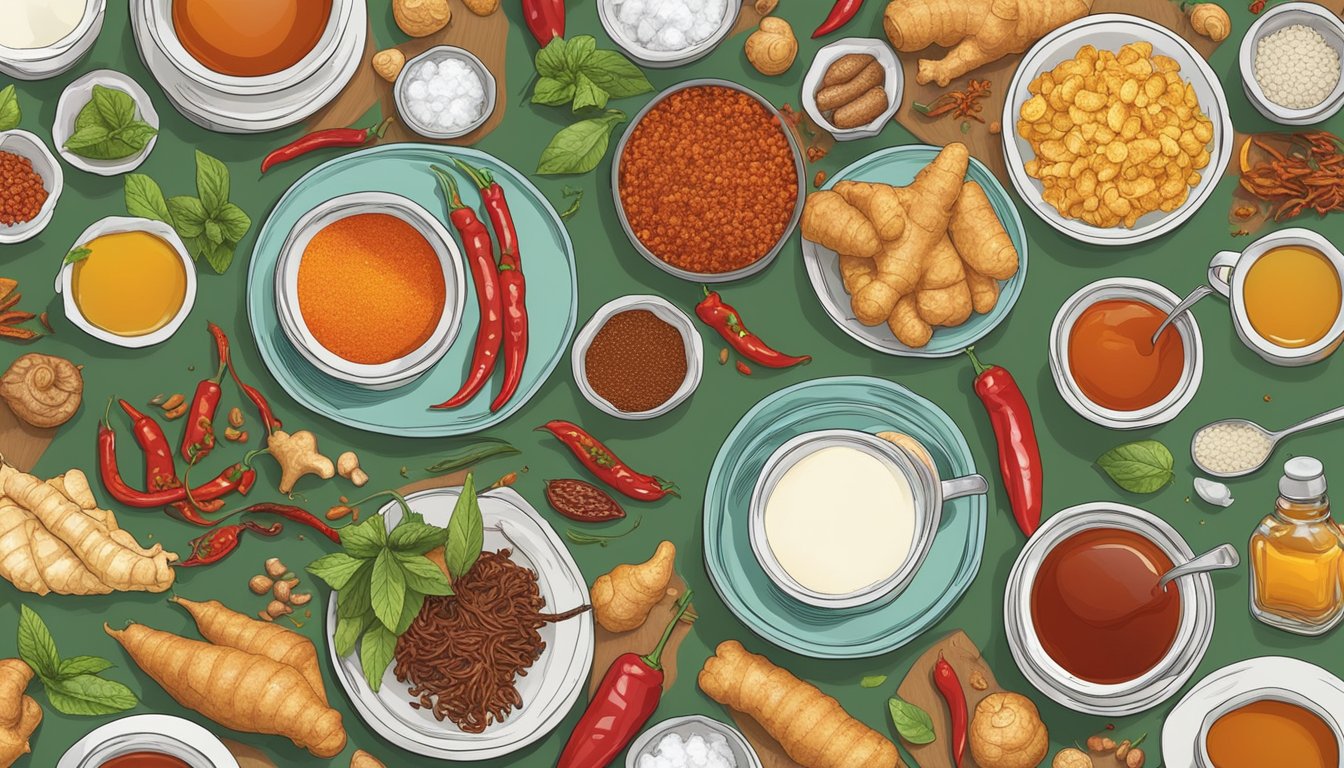 A table set with various spicy foods and hot sauces, surrounded by digestive aids like ginger and peppermint tea