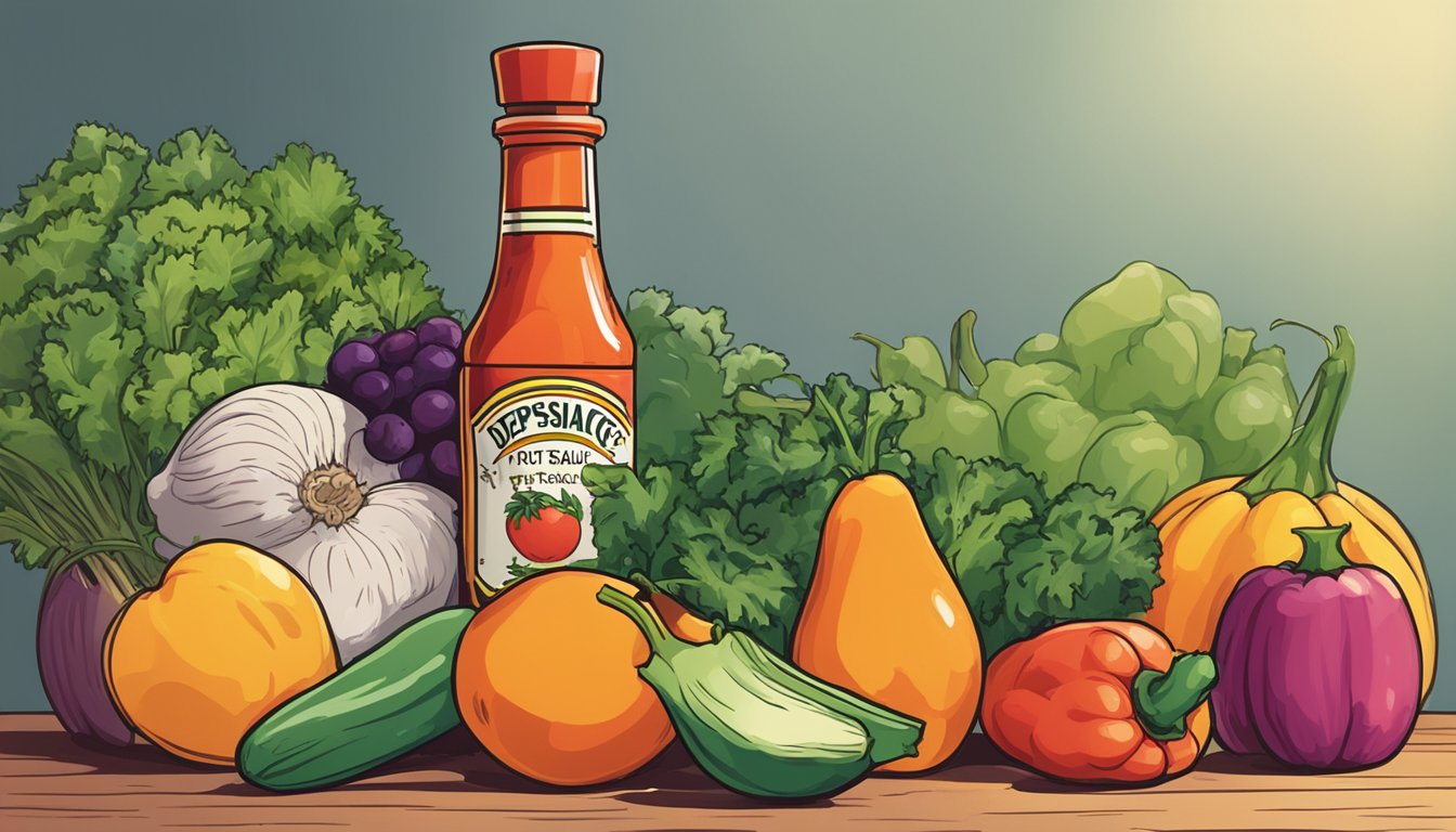 A bottle of hot sauce surrounded by fresh vegetables and fruits, with a shadowy figure in the background representing depression