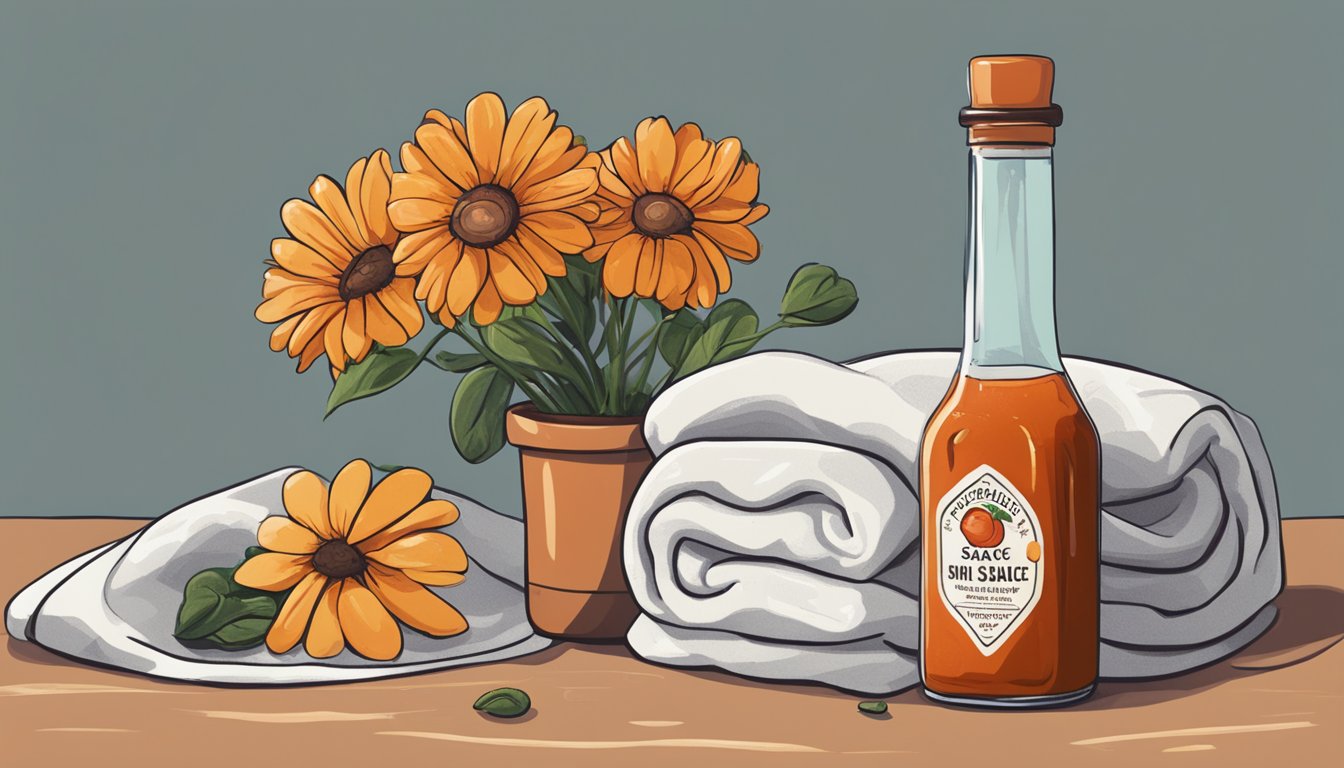 A bottle of hot sauce sits next to a sad, drooping flower. A glass of water and a comforting blanket are nearby