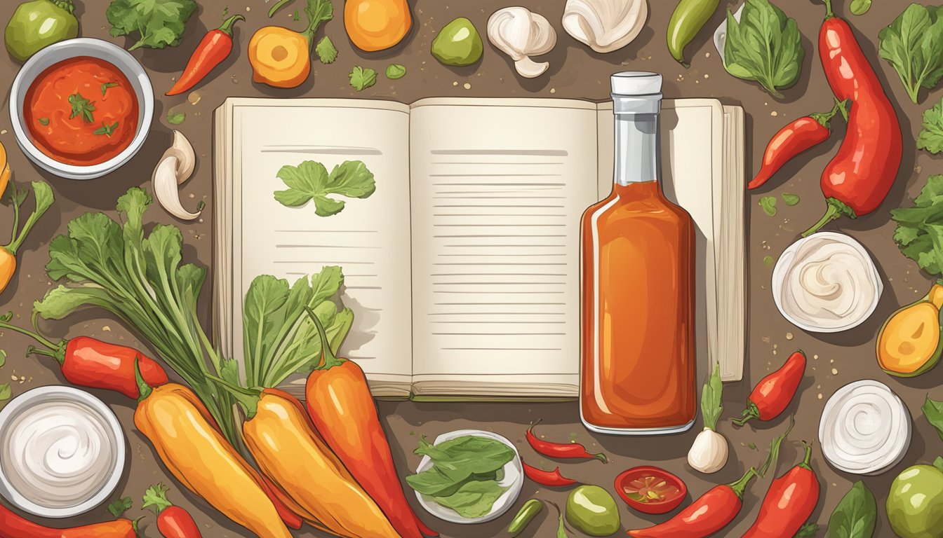 A bottle of hot sauce surrounded by fresh ingredients, with a recipe book open to a page on healthy and longevity-promoting dishes