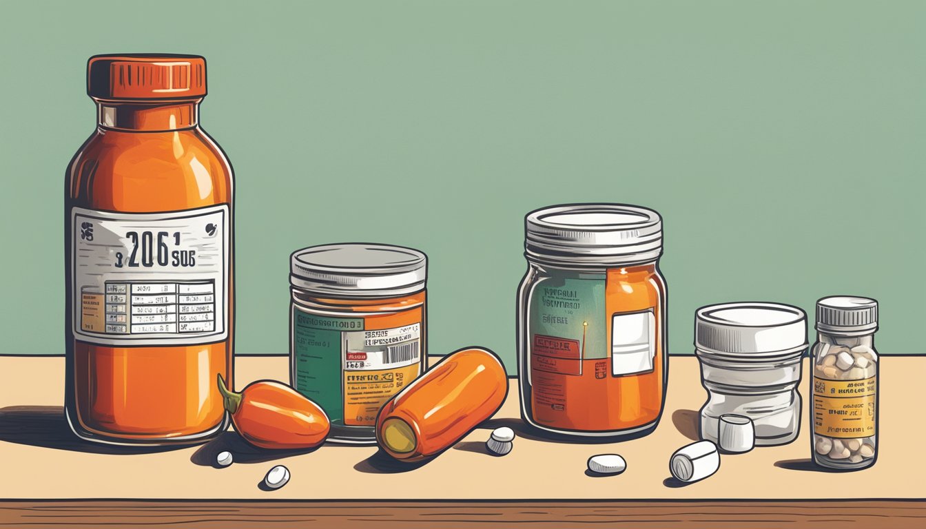 A bottle of hot sauce next to a jar of pills, surrounded by inflamed joints and a thermometer