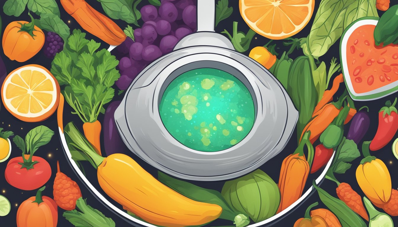 A bowl of hot sauce surrounded by colorful fruits and vegetables, with a glowing shield symbolizing immunity hovering above