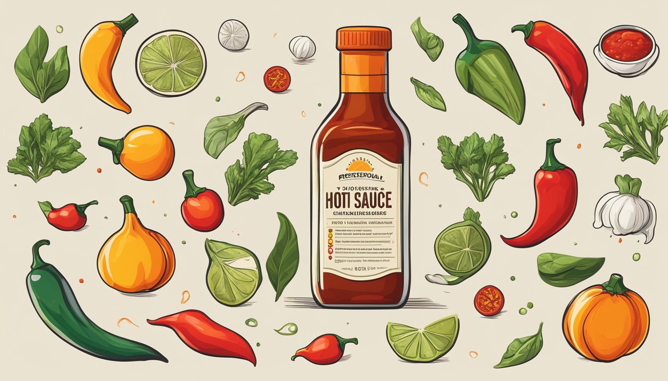 A bottle of hot sauce surrounded by various spicy ingredients, with a scientific graph depicting its nutritional profile and a swirling abstract representation of metabolism