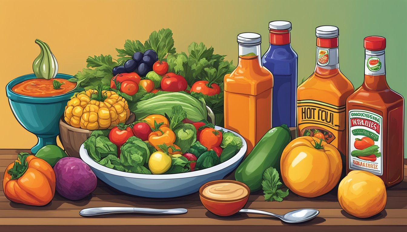 A variety of colorful fruits and vegetables arranged around a bottle of hot sauce, with a spoonful of the sauce being added to a bowl of soup