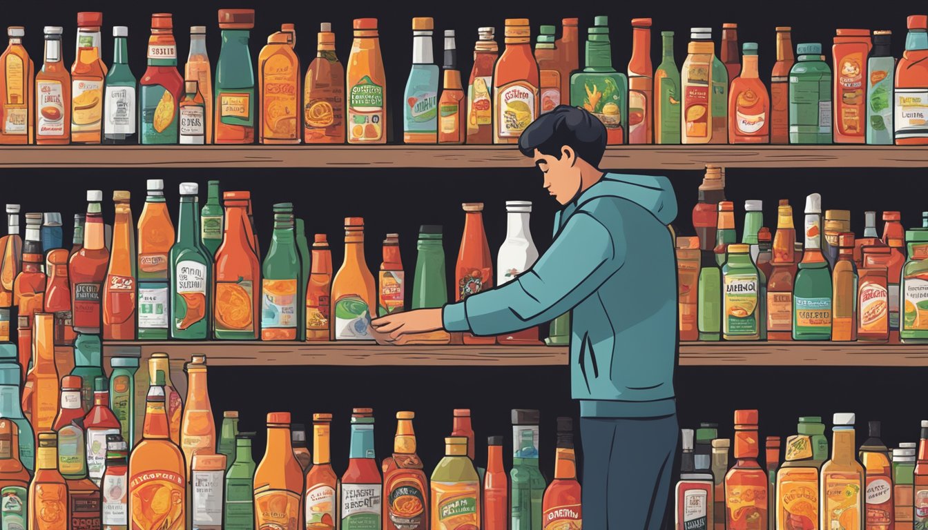 A person surrounded by various bottles of hot sauce, carefully selecting one while reading labels