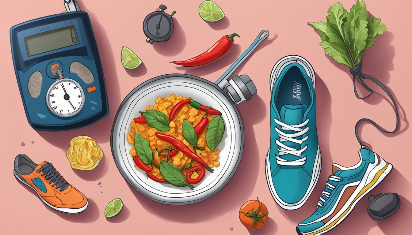 A steaming plate of spicy food next to a pair of running shoes and a stopwatch