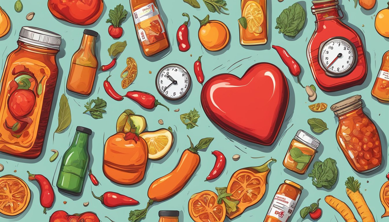 A vibrant red heart surrounded by spicy hot sauce bottles, with blood pressure monitor and immune-boosting foods