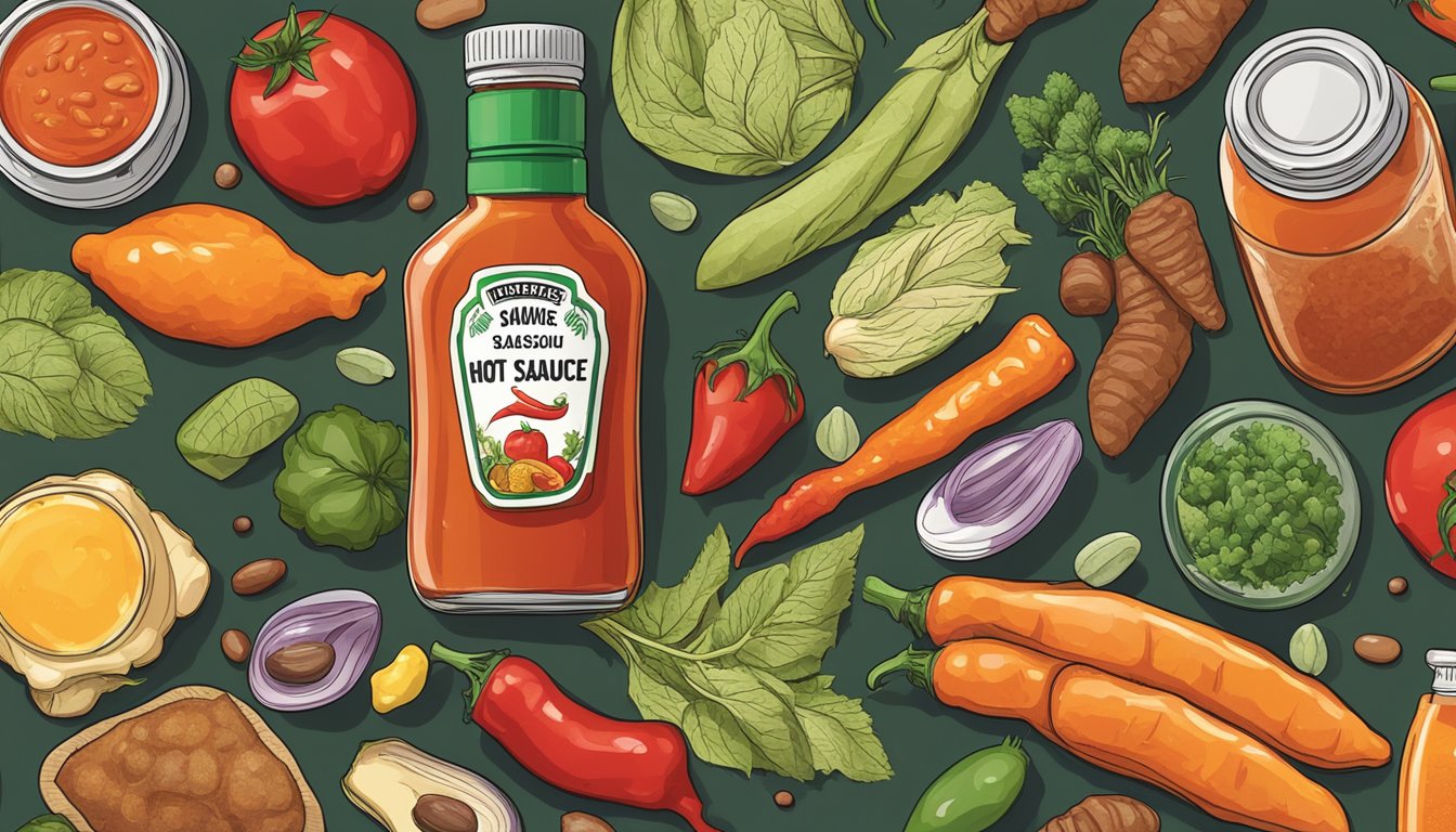 A bottle of hot sauce surrounded by various immune-boosting foods and supplements