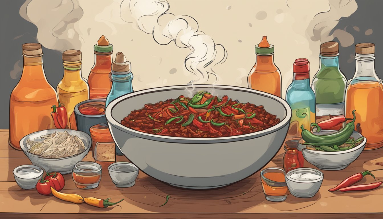 A steaming bowl of chili with various hot sauce bottles scattered around. Smoke rises as a hand reaches for one