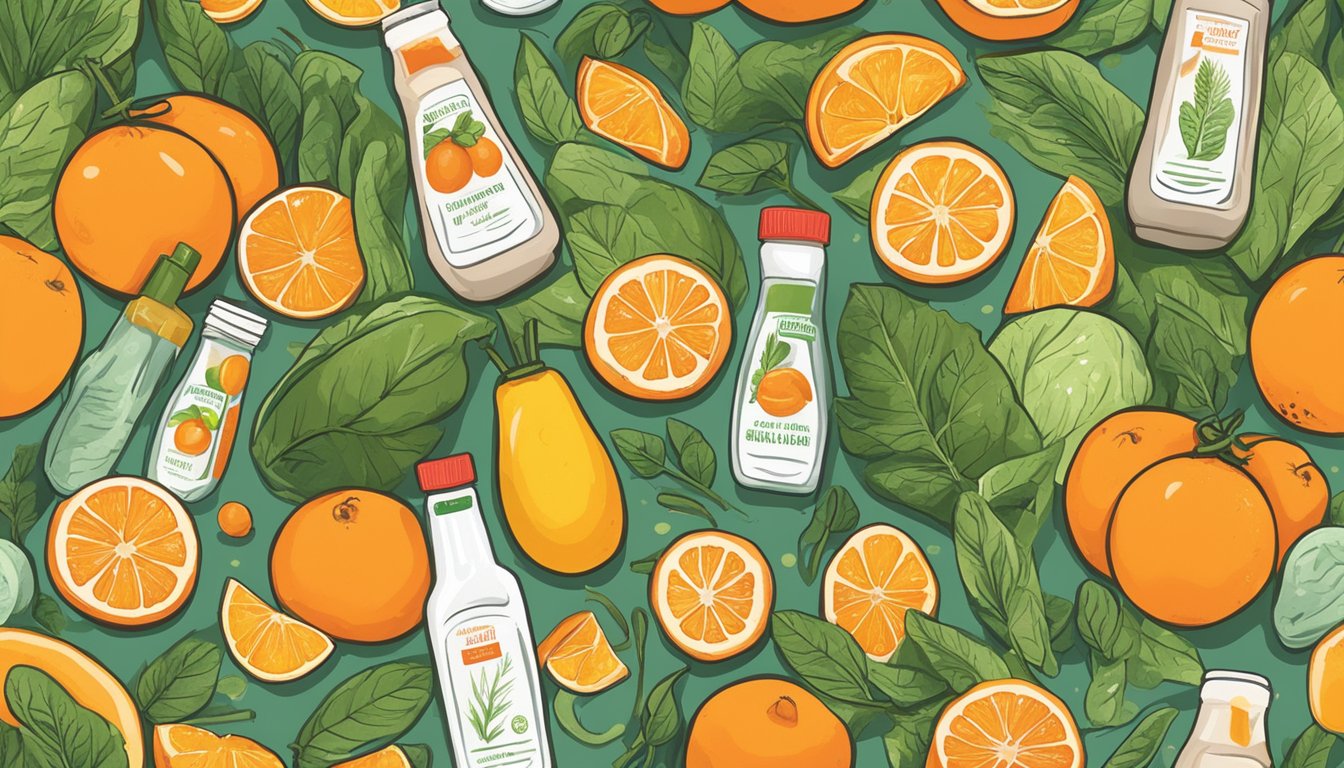 A bottle of hot sauce surrounded by vibrant, immune-boosting foods like oranges, ginger, and leafy greens