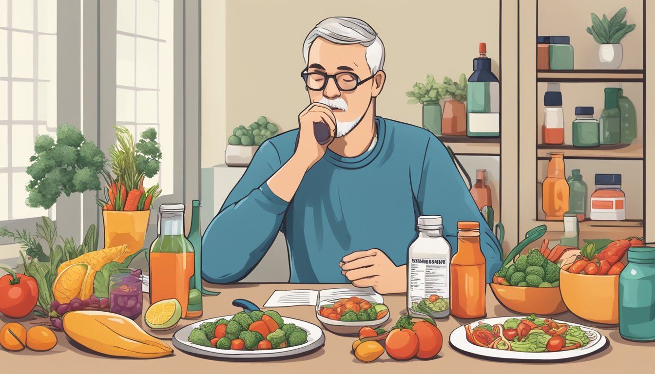 A person sitting at a table with a bottle of hot sauce and a variety of healthy foods, surrounded by exercise equipment and informational materials about Parkinson's disease management