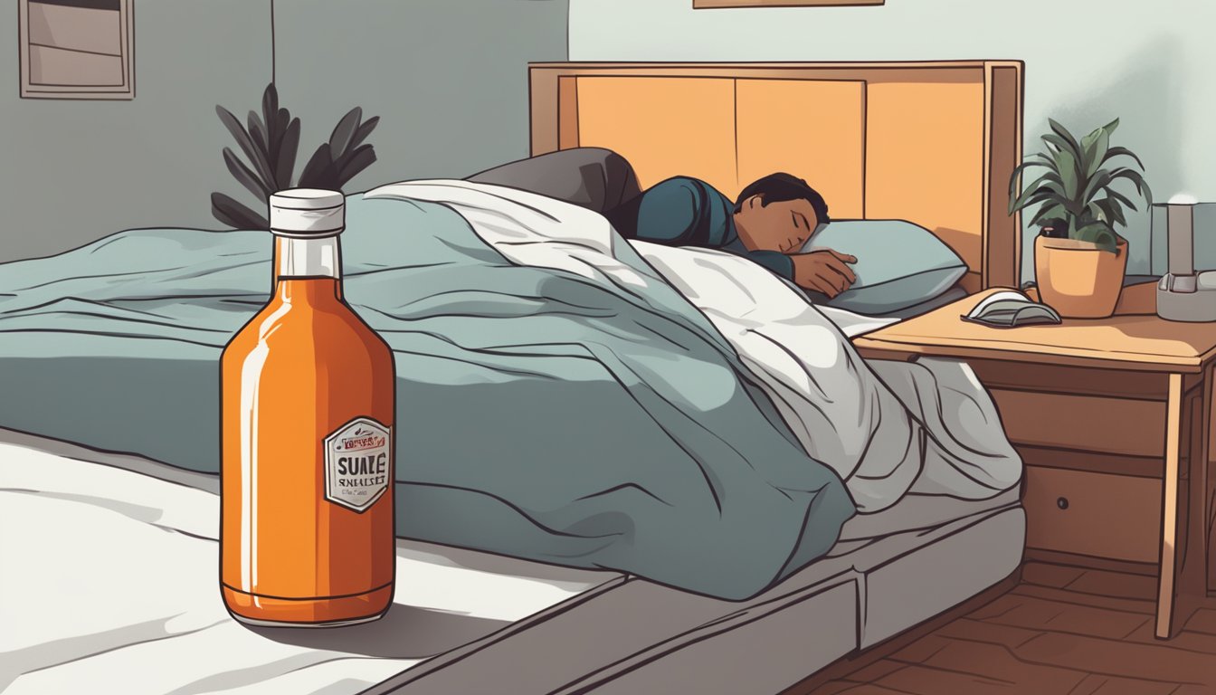 A bottle of hot sauce next to a bed with a person sleeping peacefully