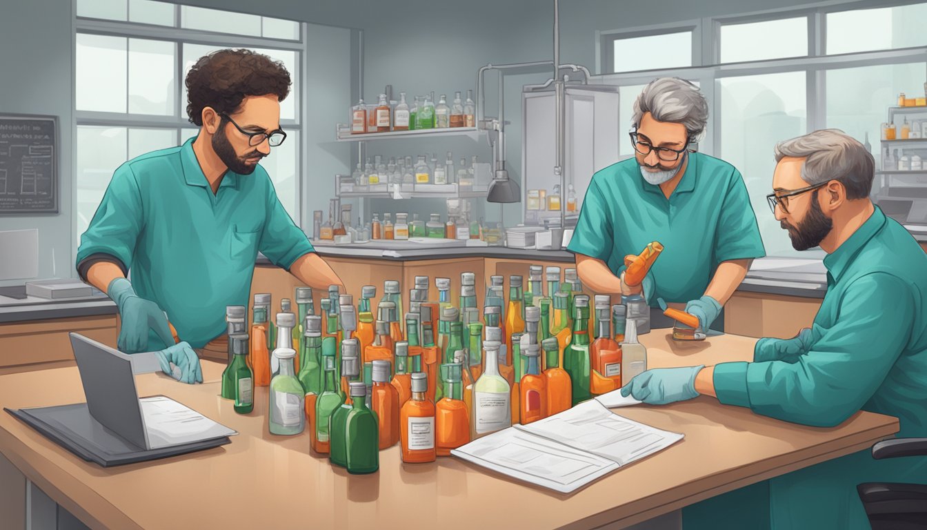 A group of researchers conducting clinical studies on Parkinson's disease management, with bottles of hot sauce displayed on a lab table