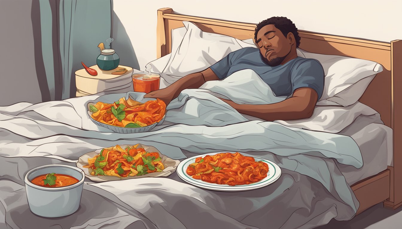 A steaming plate of spicy food sits next to a bed with crumpled sheets. A bottle of hot sauce is open, and a person is sleeping with a flushed face