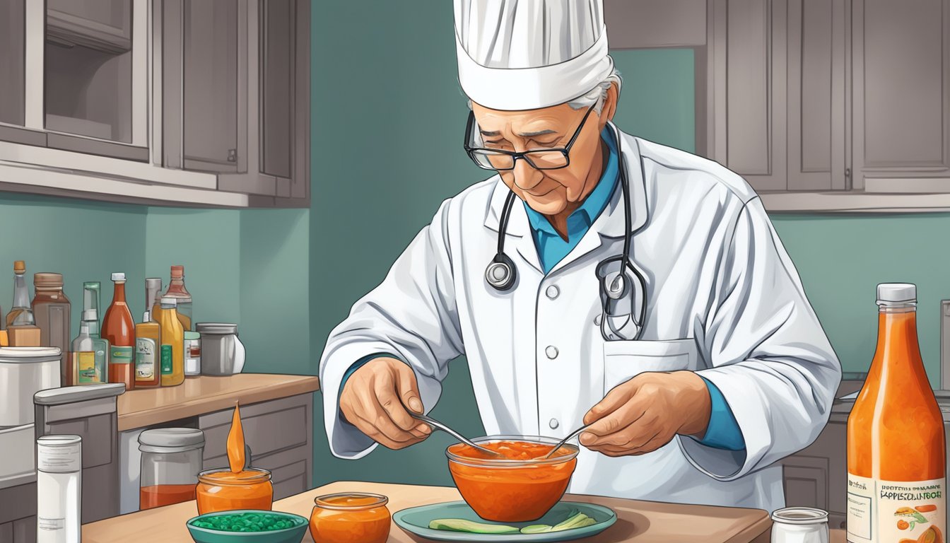 A healthcare provider adds hot sauce to a meal for a patient with Parkinson's disease in a palliative care setting